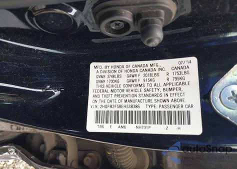 2014 Honda Civic Lx from USA, damaged, VIN 2HGFB2F58EH538386